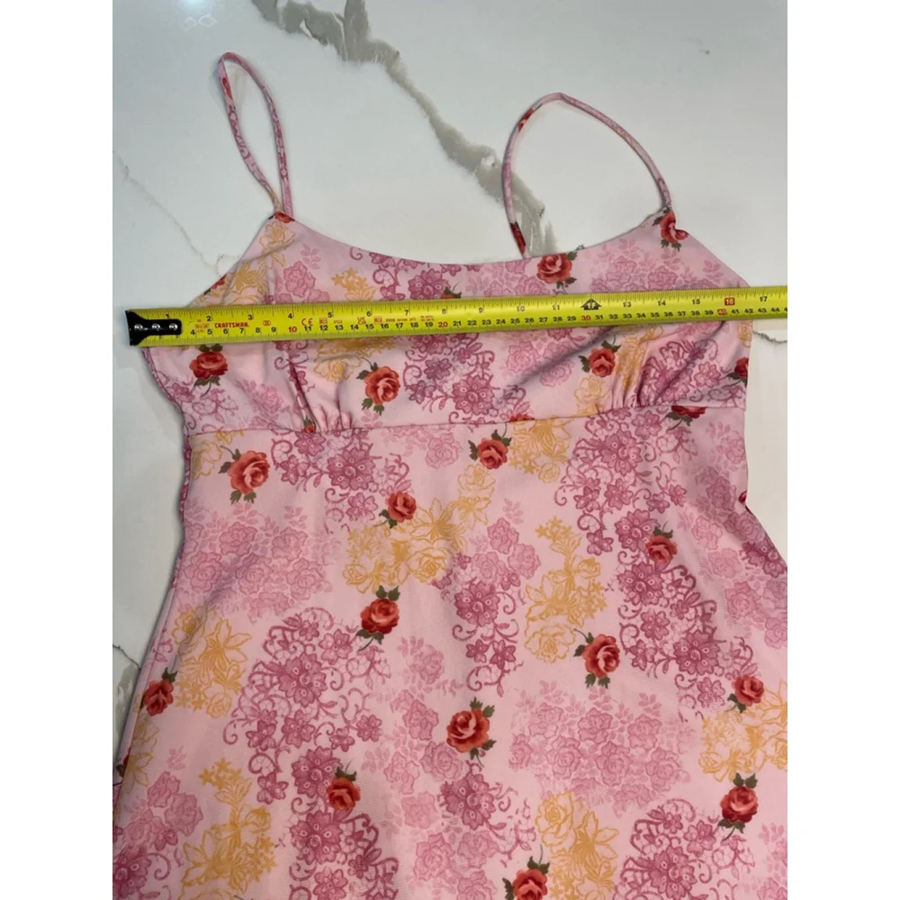 Vintage Y2K Pelican Cove Babydoll Dress L Pink Floral Spaghetti Strap Asymmetric - Picture 8 of 9